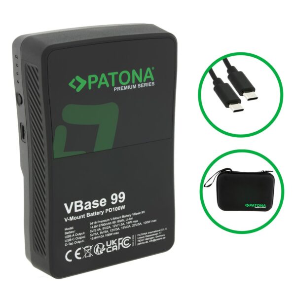 Premium V-Mount battery VBase 99 PD100W 99Wh USB-C USB-A D-Tap Samsung cells incl. hardcase